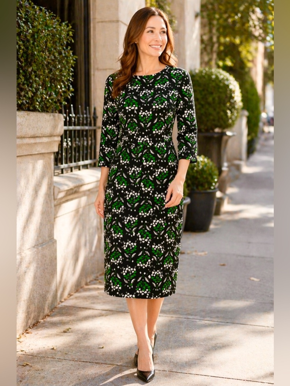 Boden NWOT Black Floral Midi Dress Flattering Stretch US 6 UK 10